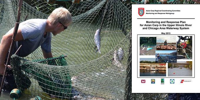 Cover of the 2013 Monitoring and Response Plan overlaying a photo of a person removing fish from a large fishing net.