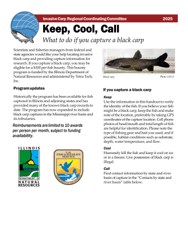 Handout titled "Keep, Cool, Call: What to do if you capture a black carp".