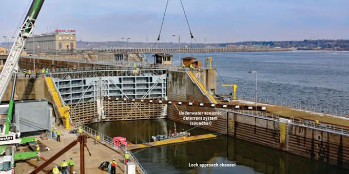 Underwater Acoustic Deterrent System being installed in the downstream lock approach channel of Mississippi River Lock 19