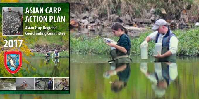 Biologist collecting water samples in waist-high water beside the cover of the 2017 Action Plan.