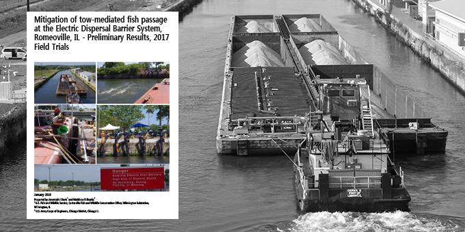A tow pushing a barge with the cover of the 2017 Preliminary Barge Study Results White Paper displayed beside it.
