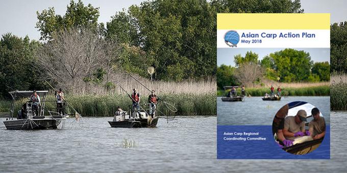 Crews electroshocking with the cover of the 2018 Asian Carp Action Plan displayed beside them.