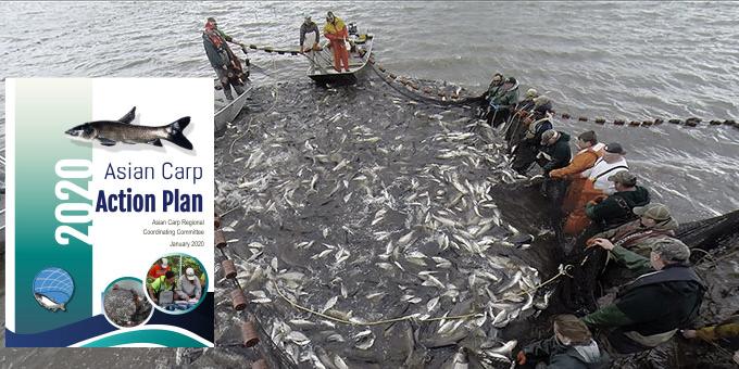 The cover of the 2020 Asian Carp Action Plan sits in front of an image of a group using the unified method.