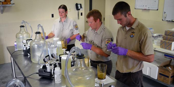 A group of biologists in a laboratory among various equipment.