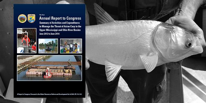 The cover of the first annual Water Resources Reform and Development Act Report to Congress overlaying a picture of a person holding a silver carp.