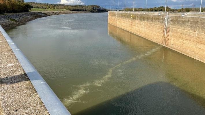 BioAcoustic Fish Fence, commonly referred to as a BAFF, is installed in the downstream lock approach at Barkley Lock and Dam