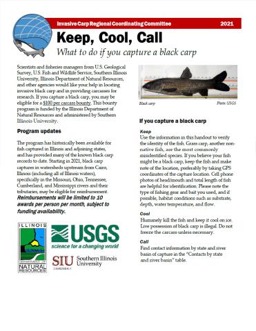 Handout titled "Keep, Cool, Call: What to do if you capture a black carp".