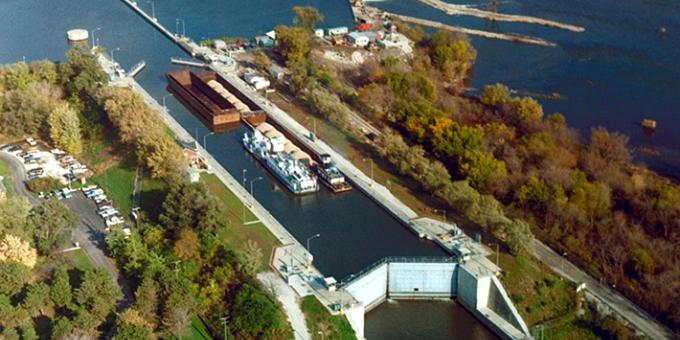 Aerial view of Brandon Road Lock and Dam in Joliet Illinois. Photo courtesy of the U.S. Army Corp of Engineers.