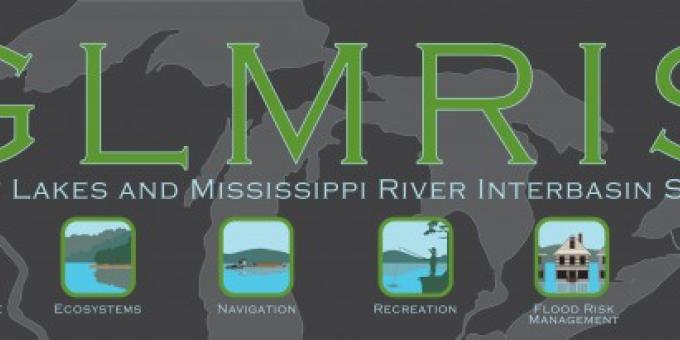 Great Lakes and Mississippi River Interbasin Study banner showcasing icons for aquatic nuisance species, ecosystems, navigation, recreation, flood and risk management, and water use.