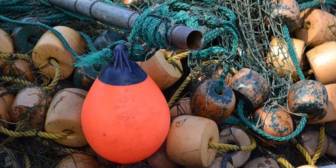 Various fish sampling gear including nets and net floats.