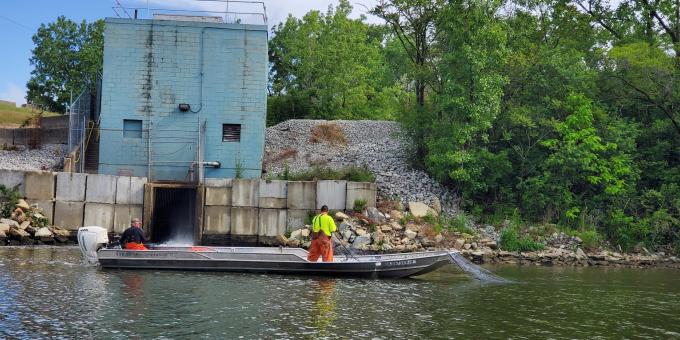 Two people on a boat conducting spring seasonal intensive monitoring on the Chicago Area Waterway System above the electric dispersal barrier.