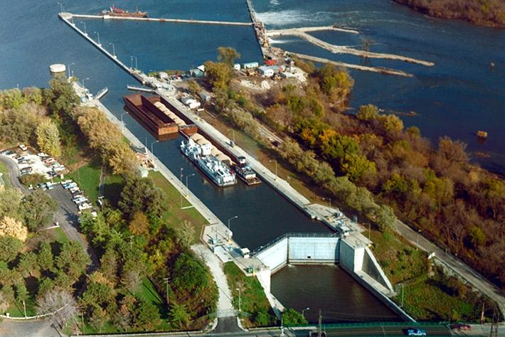 Aerial view of Brandon Road Lock and Dam in Joliet Illinois. Photo courtesy of the U.S. Army Corp of Engineers.