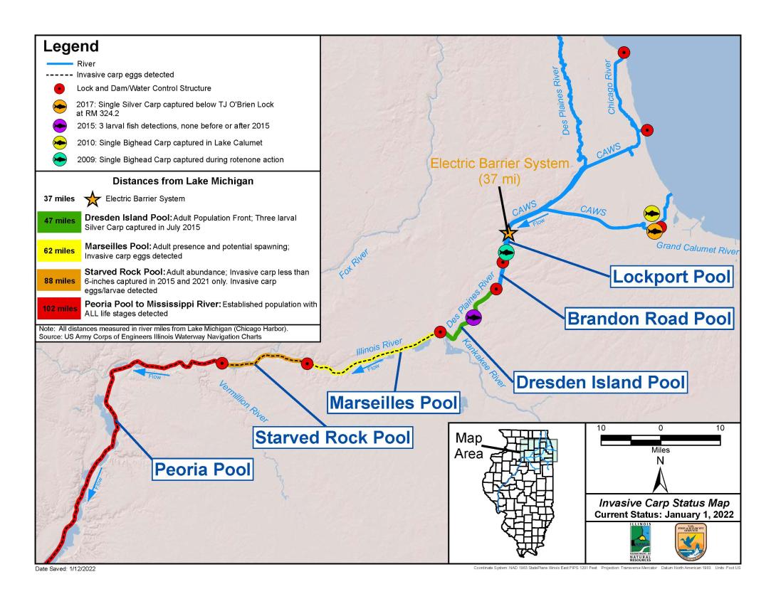 Invasive Carp Status Map Jan 1 2022