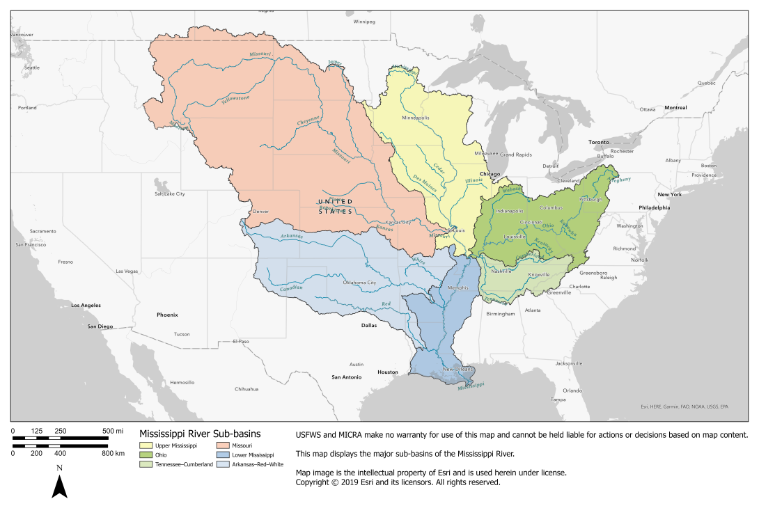 Map of the United States displaying the six major sub-basins of the Mississippi River which are Upper and Lower Mississippi, Ohio, Tennessee-Cumberland, Missouri, Arkansas-Red-White River Sub-basins.